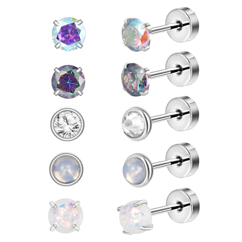 5 Paar Ohrringe Set für Mehrere Ohrlöcher 316L Chirurgenstahl Ohrstecker für Helix Piercings Lobe Conch Helix Tragus Piercing Knorpel Ohrringe Zirkonia Mondstein Opal Silber von Candyfancy