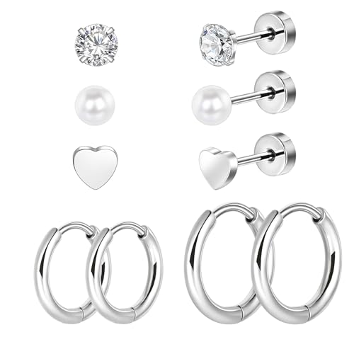 5 paar Ohrringe Set für Mehrere Ohrlöcher 316L Chirurgenstahl Ohrstecker und Klein Creolen für Helix Piercings Lobe Conch Helix Tragus Piercing Knorpel Ohrringe Perlen Herz Zirkonia von Candyfancy