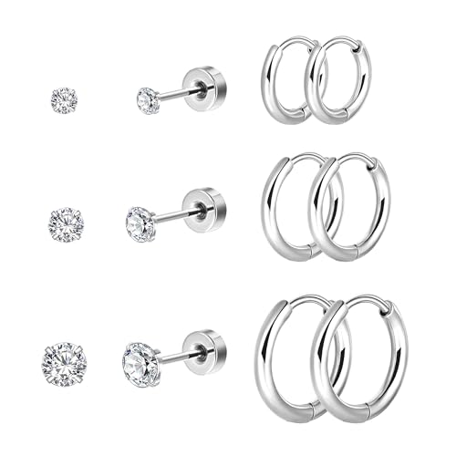 6 Paar Ohrringe Set für Mehrere Ohrlöcher 316L Chirurgenstahl Ohrstecker und Klein Creolen für Helix Piercings Lobe Conch Helix Tragus Piercing Knorpel Ohrringe Zirkonia von Candyfancy