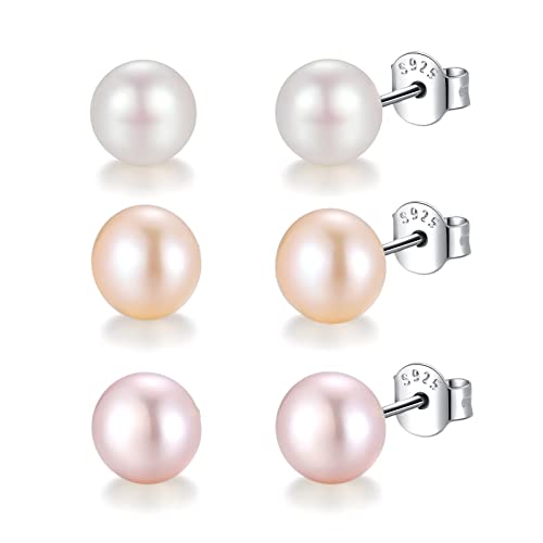 6mm Süßwasserperlen Ohrringe 3er Perlenohrringe Silber 925 Perlenohrstecker Echte Perlen Süßwasser-zuchtperlen Ohrringe Ohrstecker Weiße Champagner Helles Lila 3 Paar Set von Candyfancy