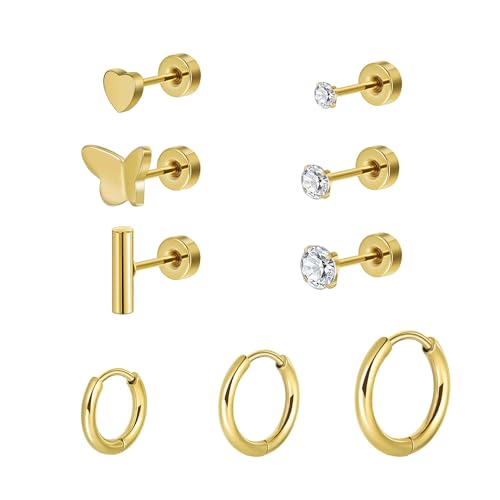 9 PCS Ohrringe Set für Mehrere Ohrlöcher 316L Chirurgenstahl Ohrstecker und Klein Creolen für Helix Piercings Lobe Conch Helix Tragus Piercing Knorpel Ohrringe Gold Rund Herz Zirkonia von Candyfancy