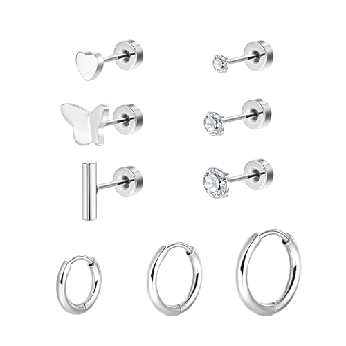 9 PCS Ohrringe Set für Mehrere Ohrlöcher 316L Chirurgenstahl Ohrstecker und Klein Creolen für Helix Piercings Lobe Conch Helix Tragus Piercing Knorpel Ohrringe Rund Herz Zirkonia von Candyfancy