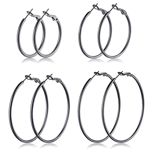 Candyfancy 4 Pairs Hoop Earrings gold silver Plated for Women Girls Fashion Round Loop Circle Huggie Hoops Earrings 30mm 40mm 50mm 60mm Black Stainless Steel von Candyfancy