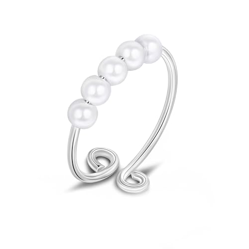 Candyfancy Anxiety Ring Silber 925 Damen Verstellbare Spinner Ring Anti Stress Fidget Ring für Frauen Angstring Silber Stress Ringe, Schmuck Geschenke Frauen Perlen von Candyfancy