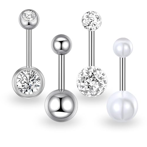 Candyfancy Bauchnabelpiercing Barbell 4stk Set 316L Chirurgenstahl 14 Gauge Bauchnabel Piercing 10mm Zirkonia Perlen Barbell Nabelpiercing Piercing Schmuck für Damen Herren von Candyfancy