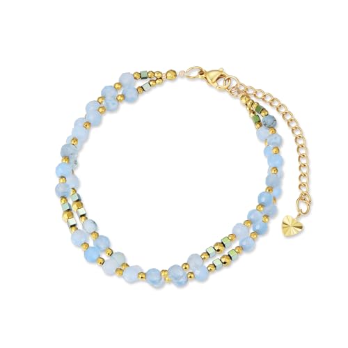 Candyfancy Edelstein Armbänder für Frauen Naturstein Armband Damen Natürliche Echte 4mm Steine Doppelter Perlenarmband für Damen Edelstahl Verstellbare Länge 18,5+5cm Aquamarine von Candyfancy