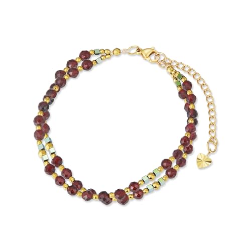 Candyfancy Edelstein Armbänder für Frauen Naturstein Armband Damen Natürliche Echte 4mm Steine Doppelter Perlenarmband für Damen Edelstahl Verstellbare Länge 18,5+5cm Garnet von Candyfancy