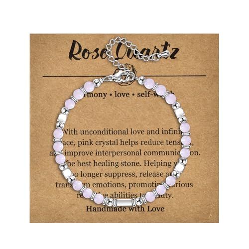 Candyfancy Naturstein Armband Damen Edelstein Armbänder für Frauen Natürliche Echte Steine Perlenarmband für Damen Verstellbare Länge 18+5cm Rosenquarz von Candyfancy