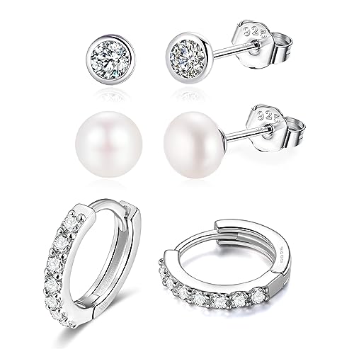 Candyfancy Ohrringe Set für Mehrere Ohrlöcher - Silber 925, 3er Set mit Zirkonia Creolen, Klein und 6mm Süßwasserperlen Ohrstecker von Candyfancy