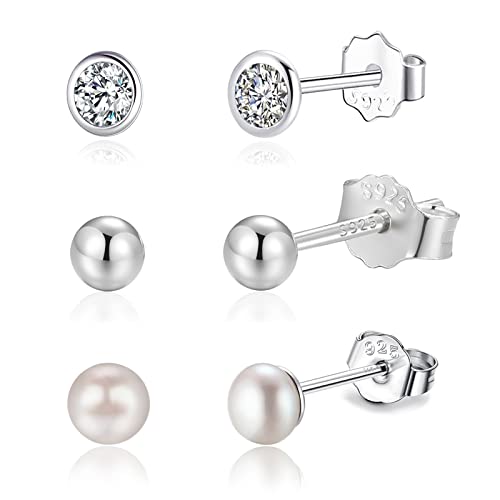 Candyfancy Ohrringe Set für Mehrere Ohrlöcher - Silber 925 3er Set für Damen Mädchen - Winzige Klein Mini 3mm Echte Weiß Süßwasser-Zuchtperlen - Runde Kugel Zirkonia Ohrstecker von Candyfancy