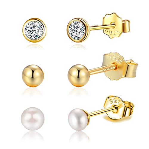 Candyfancy Ohrringe Set für Mehrere Ohrlöcher - Silber 925 Vergoldete 3er Ohrringe - Damen/Mädchen - Winzige Klein Mini 3mm Echte Weiß Süßwasser-Zuchtperlen - Runde Kugel Zirkonia Ohrstecker von Candyfancy