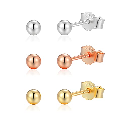 Candyfancy Ohrringe Silber 925 Set für Mehrere Ohrlöcher, 3 Paar Runde Kugel Mini Ohrstecker Rosegold Vergoldet für Damen Herren Mädchen Klein Stecker Ohrringe 3mm 3er Ohrringe Set von Candyfancy