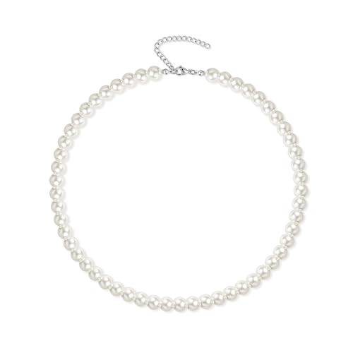 Candyfancy Perlenkette Damen Perlen Kette Weiße Runde Simulierte Glasperlen Kette, Halskette Perlen Weiß für Damen Frauen und Mädchen Mutter Geburtstag Geschenke, Weiße Perlen 8mm von Candyfancy
