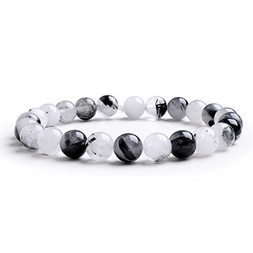 Schwarzer Weiß Rutilquarz Armband 8MM Perlen Bergkristall Bead Elastisch Natürlich Stein Armbänder Damen Herren von Candyfancy