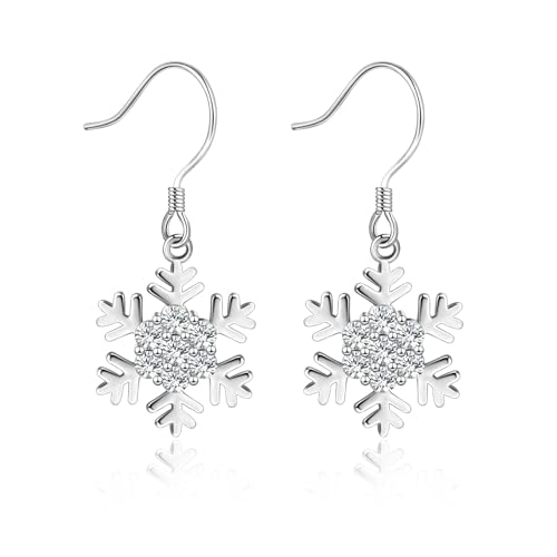 Ohrringe Hängend Damen 925 Sterling Silber Schneeflocken Ohrringe für Frauen und Mädchen Zirkonia Schneeflocke Zirkonia Ohrhänger Weihnachtsohrringe Weihnachtsschmuck von Candyfancy