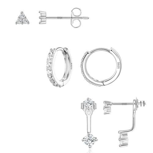 3er Ohrringe Set Für 3 Ohrlöcher Silber 925 Echtsilber -Süßwasserperlen Ohrringe-Zirkonia Ohrstecker-Creolen Hoops - 3 Paar Pack Nickelfrei (Zirkonia Ohrstecker-Creolen SET 3) von Candyfancy