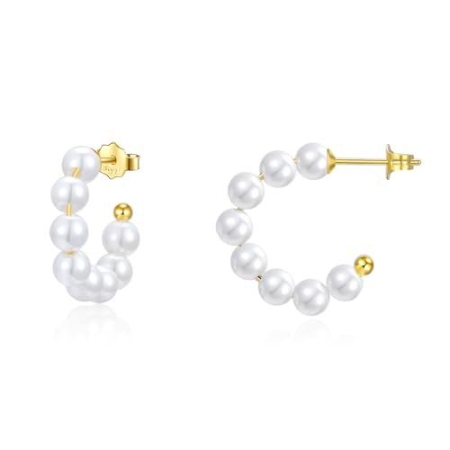 Perlen Creolen Silber 925 Creolen Gold Perlenohrringe Creolen mit Perlen Kleine Perle Ohrringe Stecker Hypoallergen Ohrhänger Runde Perle öhringen Schmuck Geschenke für Frauen Damen Mädchen von Candyfancy