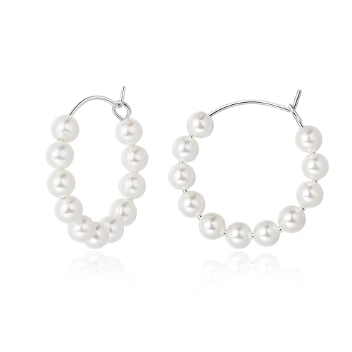 Perlen Creolen Silber 925 Creolen mit Perlen Kleine Perle Creolen Ohrringe Perlenohrringe Ohrhänger Schmuck für Frauen Damen Mädchen 20mm von Candyfancy