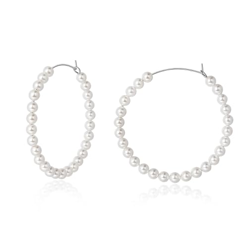 Perlen Creolen Silber 925 Mit Kleinen Perlen Ohrringe Ohrhänger Schmuck für Frauen Damen Mädchen 40mm von Candyfancy