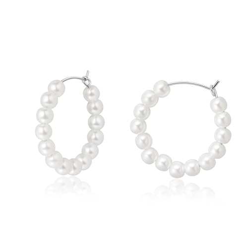 Silber 925 Creolen Mit Perlen - Kleine Perlenohrringe Stecker Ohrhänger Runde Perle Öhringen Schmuck - Geschenke für Frauen Damen Mädchen 20mm von Candyfancy