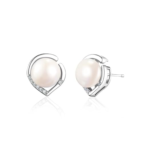 Perlenohrringe 925 Silber Perlenohrstecker Echte Süßwasserperlen Ohrringe mit Zirkonia Süßwasser-Zuchtperlen Ohrringe Perlen Ohrstecker 6.5mm von Candyfancy