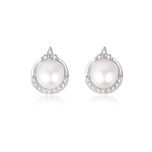 Perlenohrringe 925 Silber Perlenohrstecker Echte Süßwasserperlen Ohrringe mit Zirkonia Süßwasser-Zuchtperlen Ohrringe Perlen Ohrstecker 7.5mm von Candyfancy