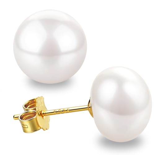 Süßwasserperlen Ohrringe Echt 925 Silber Stecker Perlenohrringe Gold Vergoldet Weiß Damen 10MM Kleine Süßwasser-Zuchtperlen Ohrringe Ohrstecker von Candyfancy
