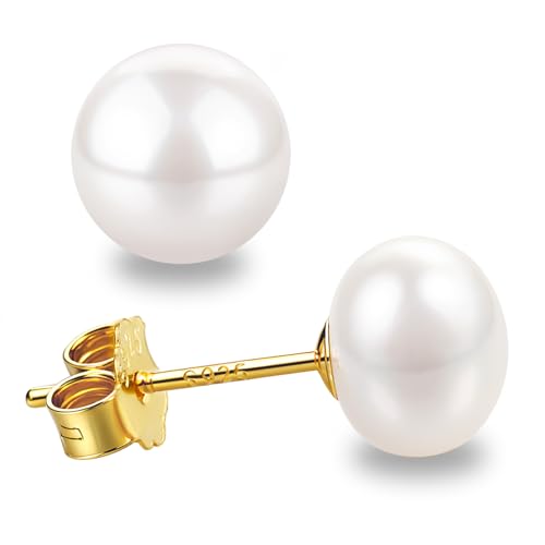 Süßwasserperlen Ohrringe Echt 925 Silber Stecker Perlenohrringe Gold Vergoldet Weiß Damen 7MM Kleine Süßwasser-Zuchtperlen Ohrringe Ohrstecker von Candyfancy