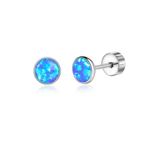 Titan Ohrringe Hypoallergen Damen Herren Mädchen G23 Titan Ohrstecker mit Schraubverschluss Kleine Opal Ohrstecker Blau 5mm von Candyfancy