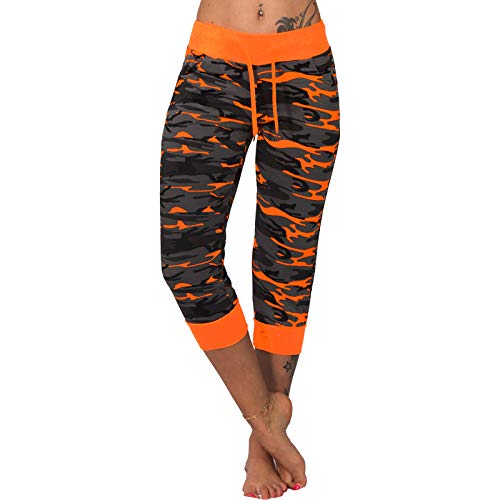 Candygirls 3/4 Leichte Jogging Capri Hose Camouflage Sport Fitness Neon Army Tarnfleck P7101 (Orange, XL = EU M/38) von Candygirls