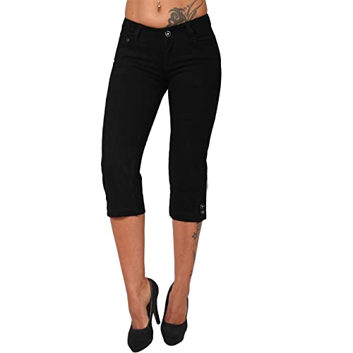 Candygirls 3/4 Niedrige Capri Damen Jeans Hose Glitzer Zier Knöpfe Hüfthose Nieten Bein 88593 (as3, Numeric, Numeric_44, Regular, Regular, Schwarz) von Candygirls