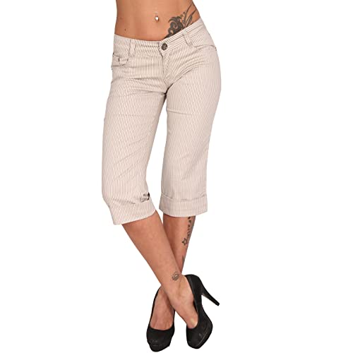 Candygirls 3/4 Niedrige Capri Damen Streifen Hose Hüfthose Nieten Bein elastisch Taschen 7022 (as3, Numeric, Numeric_34, Regular, Regular, Beige) von Candygirls