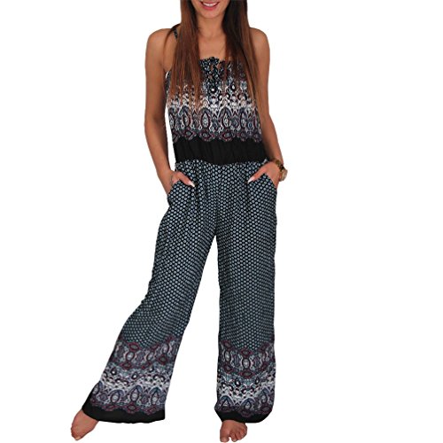 Candygirls Aztec Overall Spaghettiträger Jumpsuit Einteiler Stretch Hosen Anzug 1624 (XS, Schwarz Türkis) von Candygirls