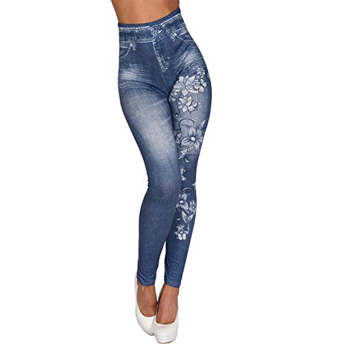 Candygirls Damen High Waist Leggins Blumen Schmetterling Hose Jeans Look Leggings Jeggings Optik 157-215 (Blau, 36-38) von Candygirls