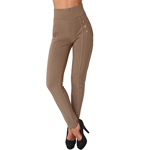 Candygirls Damen Hose High Waist Thermo Stretch Knopfleiste Knöpfe Treggings Leggings Röhre Niete HL-791 (as3, Alpha, l, x_l, Regular, Regular, Braun, L/XL) von Candygirls