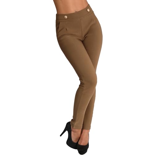 Candygirls Damen Hose Knöpfe Thermo High Waist Gold Treggings Leggings Stretch Business gefüttert 9616 (DE/NL/SE/PL, Alphanumerisch, S, M, Regular, Regular, Braun) von Candygirls