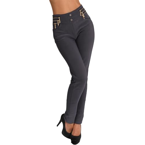 Candygirls Damen Hose Knöpfe Thermo Reißverschluss High Waist Knopfleiste Treggings Leggings HL547 (DE/NL/SE/PL, Alphanumerisch, L, XL, Regular, Regular, Grau) von Candygirls