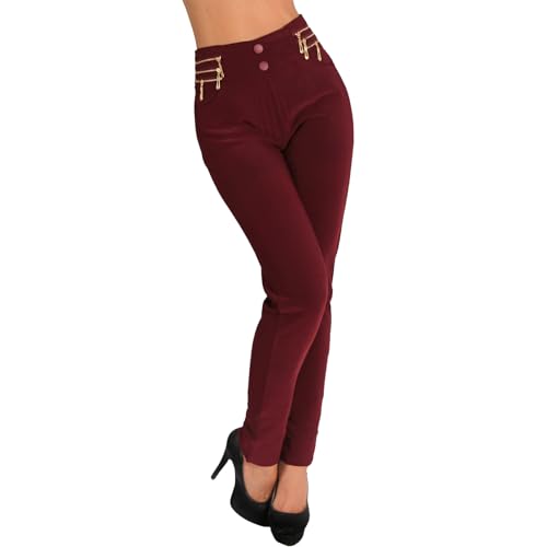 Candygirls Damen Hose Knöpfe Thermo Reißverschluss High Waist Knopfleiste Treggings Leggings HL547 (DE/NL/SE/PL, Alphanumerisch, S, M, Regular, Regular, Rot) von Candygirls