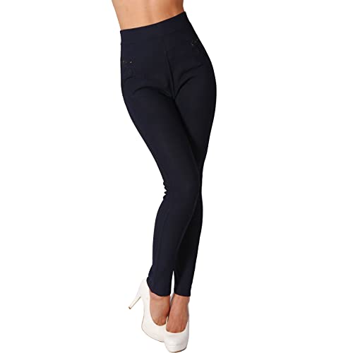 Candygirls Damen Hose Stretch Strass Pfeile High Waist Zier Knopf Treggings Leggings Business 632 (as3, Alpha, l, x_l, Regular, Regular, Blau) von Candygirls