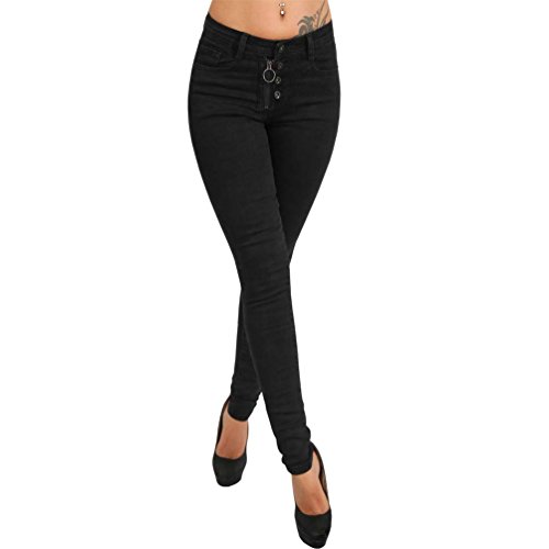 Candygirls Damen Jeans Hose Knopfleiste Zier Reißverschluss Hüfthose Röhrenjeans Schwarz D048 (XS/34, Schwarz) von Candygirls