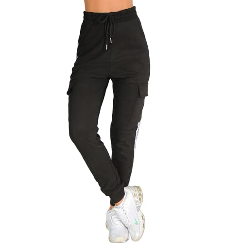 Candygirls Damen Jogging Hose Thermo Cargo Taschen Band Trainingshose Sporthose Fitness Sport 194-488 (DE/NL/SE/PL, Alphanumerisch, M, L, Regular, Regular, Schwarz) von Candygirls