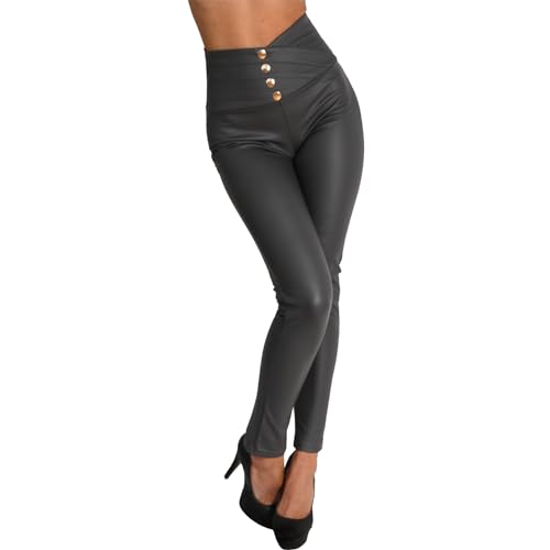 Candygirls Damen Leggings Hose Knöpfe Leder Imitat Wet Look Bänder High Waist Jeggings Optik Gold D95530 (DE/NL/SE/PL, Alphanumerisch, XL, XXL, Regular, Regular, Grau) von Candygirls