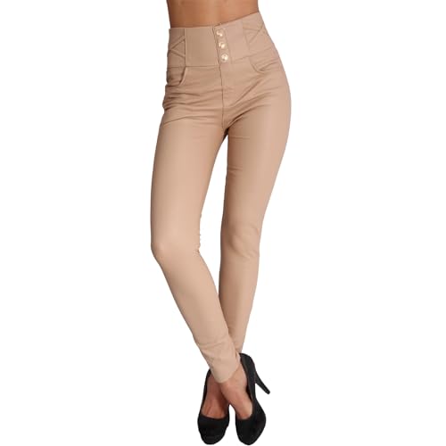 Candygirls Damen Leggings Hose Knöpfe Leder Imitat Wet Look Bänder High Waist Jeggings Optik Gold D95532 (DE/NL/SE/PL, Alphanumerisch, XL, XXL, Regular, Regular, Beige) von Candygirls