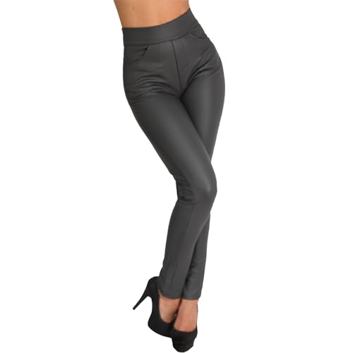 Candygirls Damen Leggings Hose Leder Imitat Wet Look High Waist Jeggings Optik Kunstleder Weich D95500 (DE/NL/SE/PL, Alphanumerisch, M, L, Regular, Regular, Grau) von Candygirls