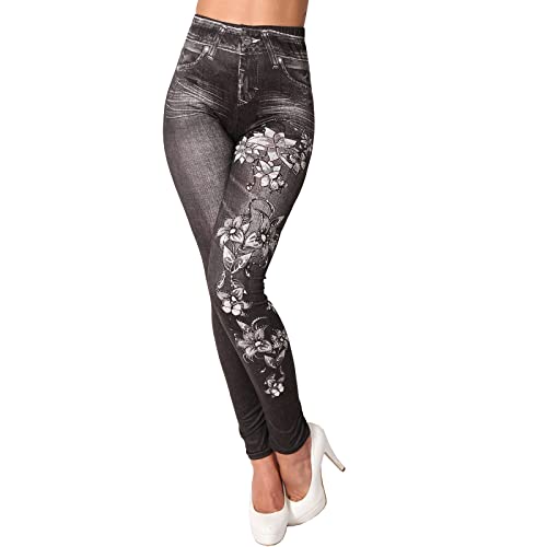 Candygirls Damen Leggings Schmetterling High Waist Blumen Blätter Strass Hose Jeans Look Jeggings 8659 (as3, Alpha, l, x_l, Regular, Regular, Schwarz) von Candygirls