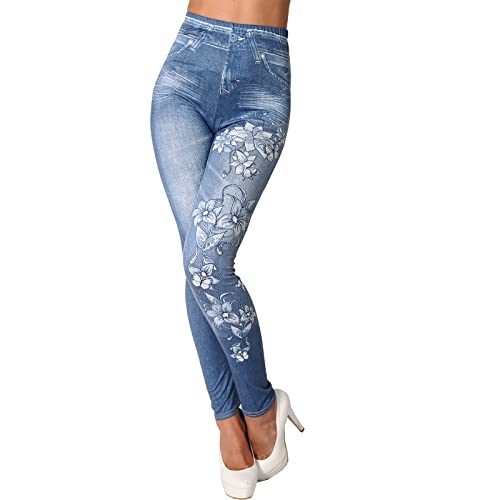 Candygirls Damen Leggings Schmetterling High Waist Blumen Blätter Strass Hose Jeans Look Jeggings 8659 (as3, Alpha, s, m, Regular, Regular, Blau) von Candygirls