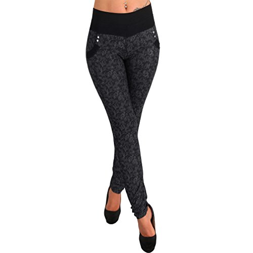 Candygirls Damen Ranke Stretch Hose breiter Bund Gold Knöpfe Treggings Leggings Röhre Stoff 91549 (L/XL 40/42, Schwarz) von Candygirls