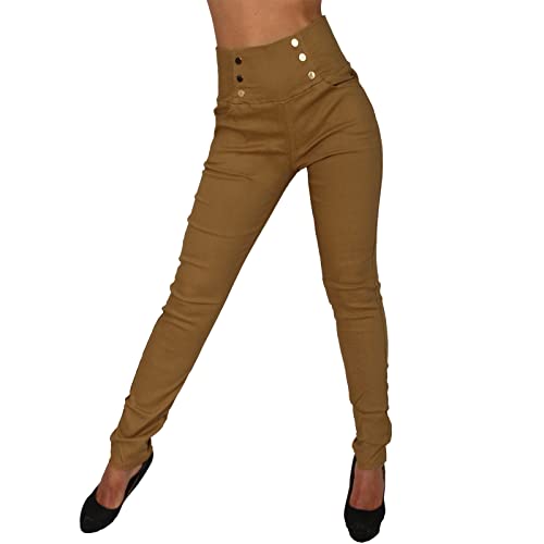 Candygirls Damen Stretch Hose High Waist Knopfleiste Treggings Leggings Knopf Stoff Knopf Gold HL-300 (Braun, S-M) von Candygirls