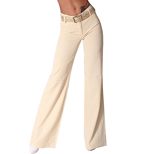 Candygirls Hose Damen Business Schlaghose Nadelstreifen Streifen Gürtel Hüfthose Schlag 1830 (as3, Numeric, Numeric_34, Regular, Regular, Beige) von Candygirls