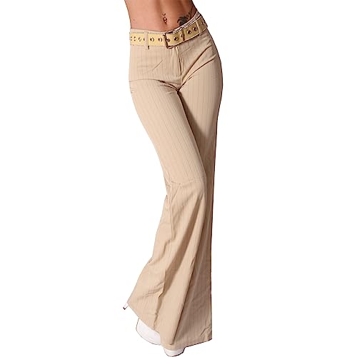 Candygirls Hose Damen Business Schlaghose Nadelstreifen Streifen Gürtel Hüfthose Schlag 1830 (as3, Numeric, Numeric_34, Regular, Regular, Sand) von Candygirls